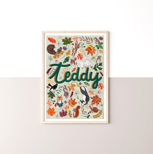 Framed artwork with 'Teddy' and animal illustrations on a white wall