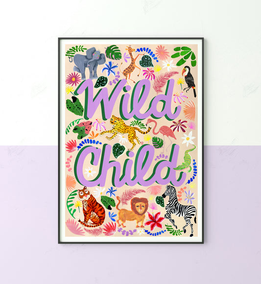 Colorful poster with 'Wild Child' text and animal illustrations on a light purple background