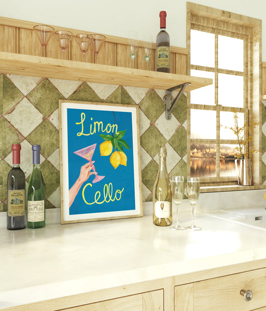 Kitchen counter with a 'Limon Cello' sign, wine bottles, and glasses.