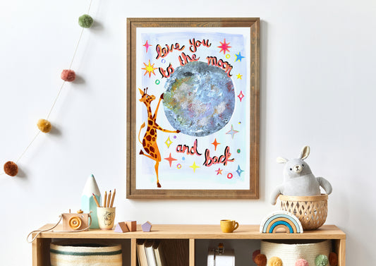 Framed artwork with a giraffe and text on a wall above a wooden shelf with decor items.