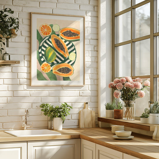 Modern kitchen with wooden countertops, white cabinets, and a colorful fruit-themed painting on the wall.