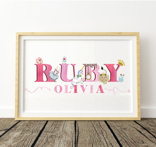 Framed artwork with 'RUBY OLIVIA' in fairytale illustration decorative letters on a white background