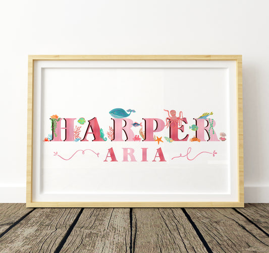 Framed artwork with 'Harper Aria' with sea animal illustrations on a white background
