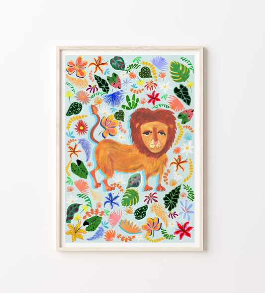 Framed artwork of a lion surrounded by colorful flowers and leaves on a white background