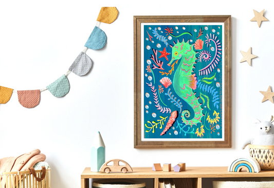 Colorful framed artwork of a seahorse on a wall with decorative elements.