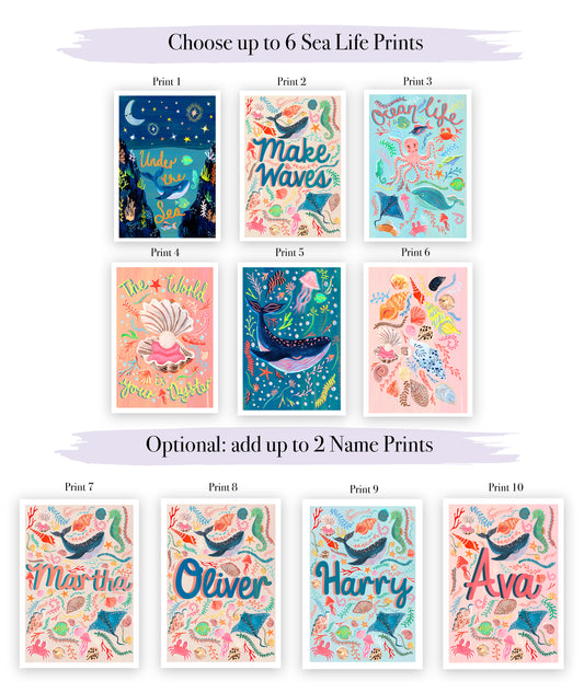 Collection of sea-themed prints with various designs and options to add names.