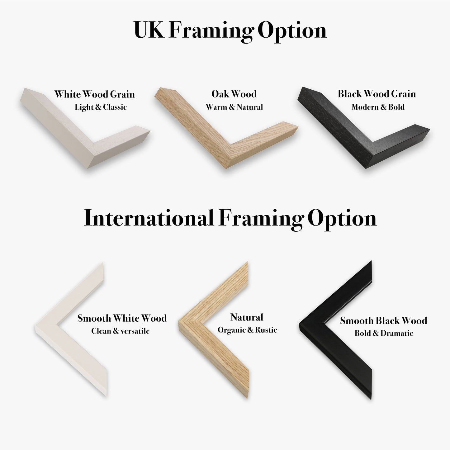 Various wood grain frame options with descriptions on a white background