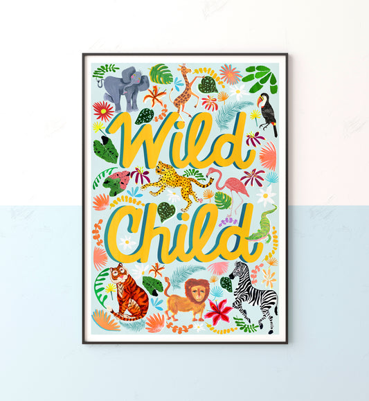 Colorful poster with animals and 'Wild Child' text on a white background