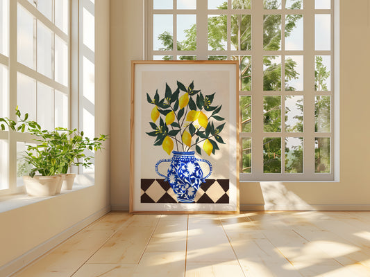 Decorative wall art with a vase and lemons in a bright room with large windows.