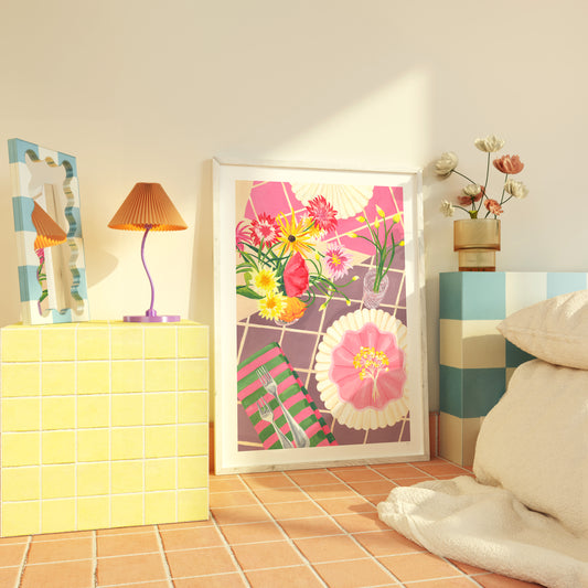 Decorative room interior with a colorful floral print, lamp, and striped cabinet.