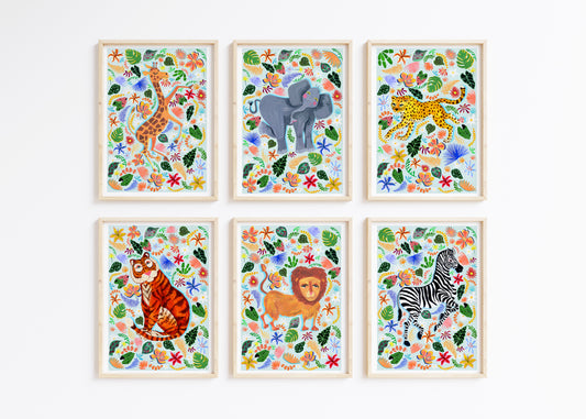 Set of six framed animal illustrations with floral patterns on a white background