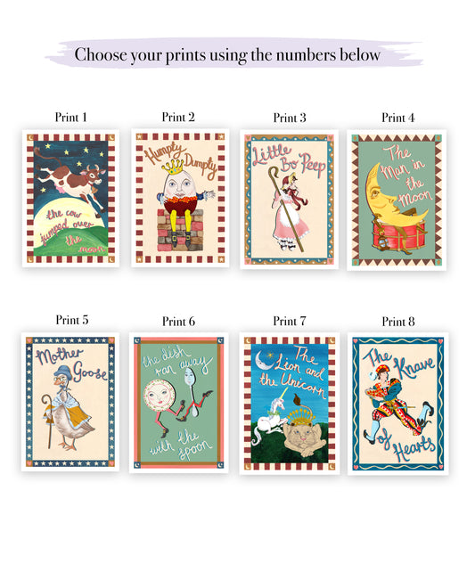 Set of eight illustrated prints with various characters and text on a white background.