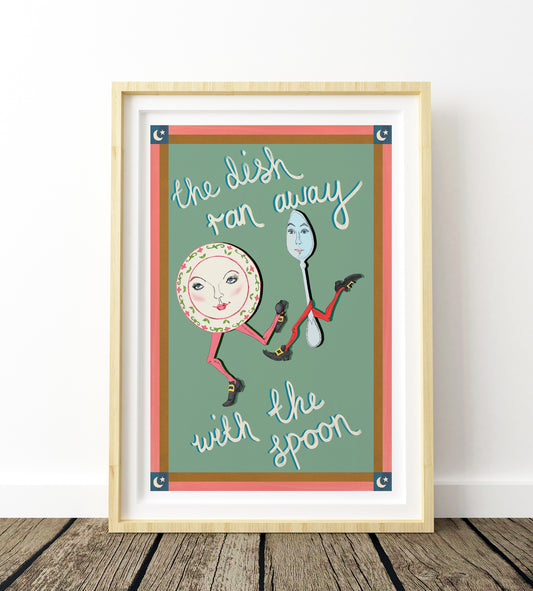 Framed artwork with a spoon and plate character on a green background, text 'the dishpan away with the spoon'.