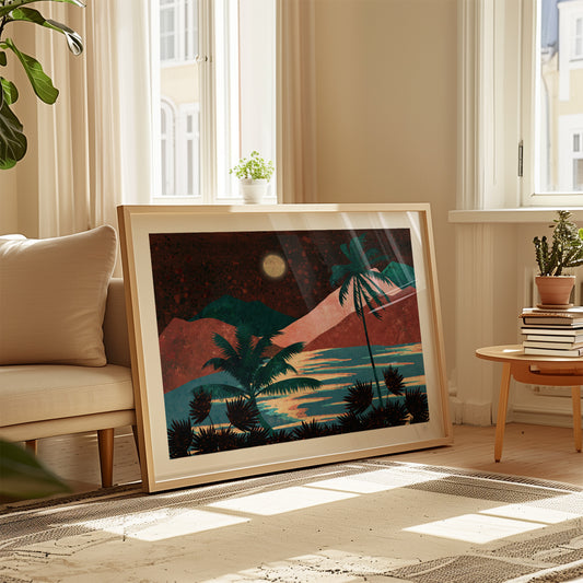 Framed artwork of a tropical landscape in a living room with a couch and plants.