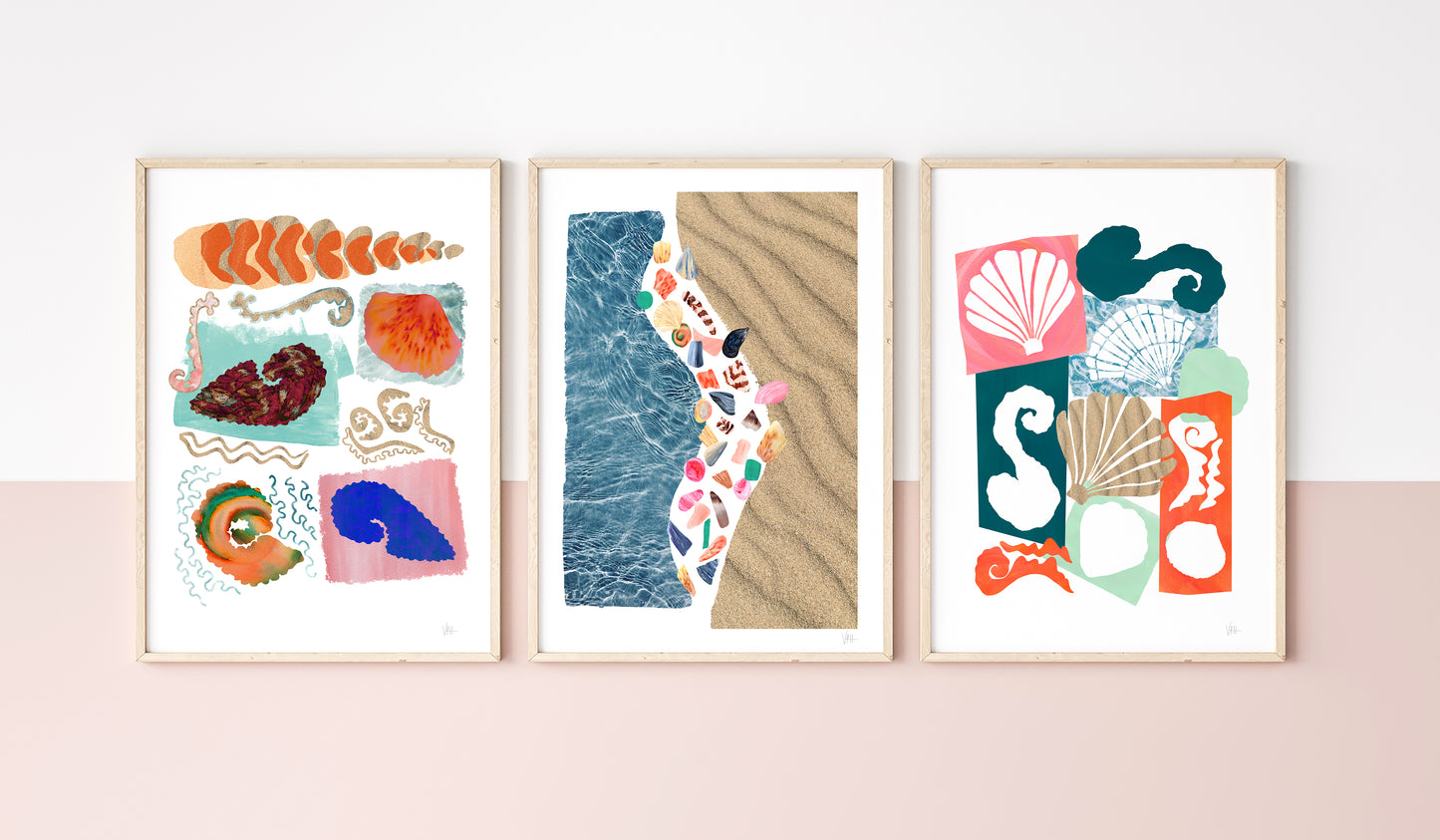 Three framed abstract artworks on a wall with a pink and white background