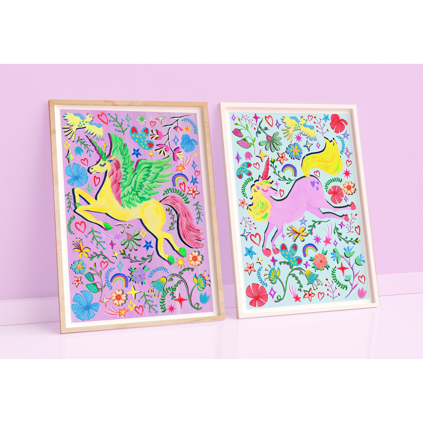 A set of 2 lilac and rainbow unicorn prints ina ilac walled room.