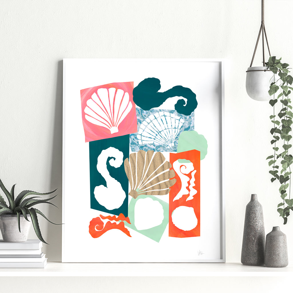 Colorful abstract art print on a white wall with decorative vases and plants.