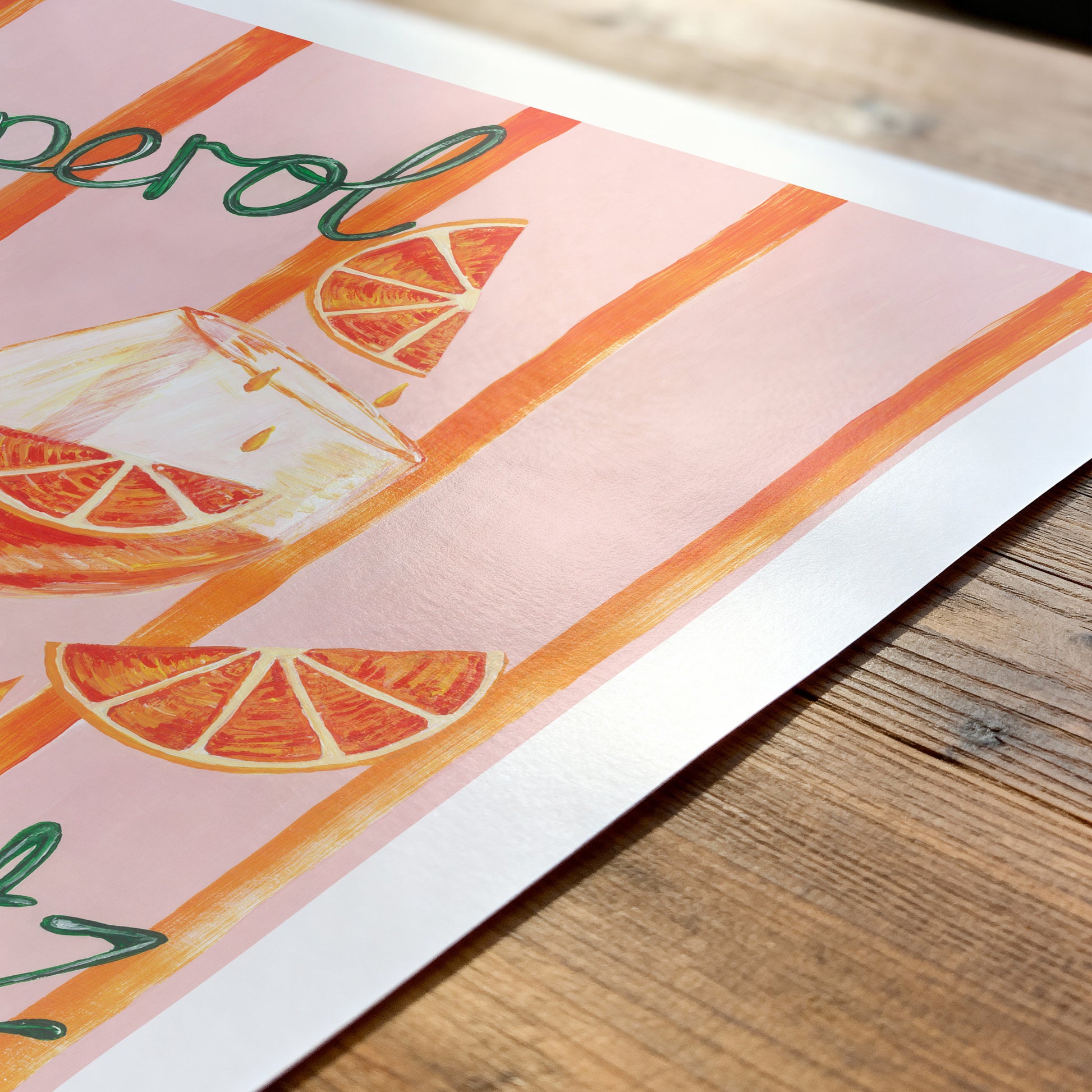 Poster with orange slices and a drink on a wooden surface