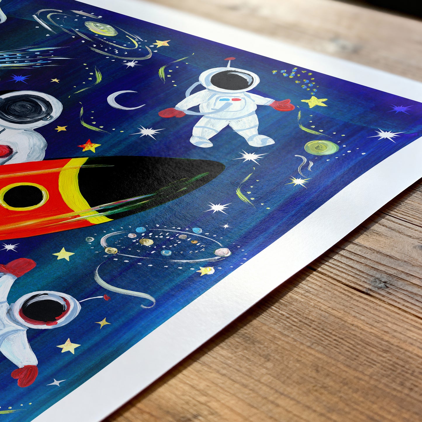 Close up of an astronaut and rocket hand painted space illaustration