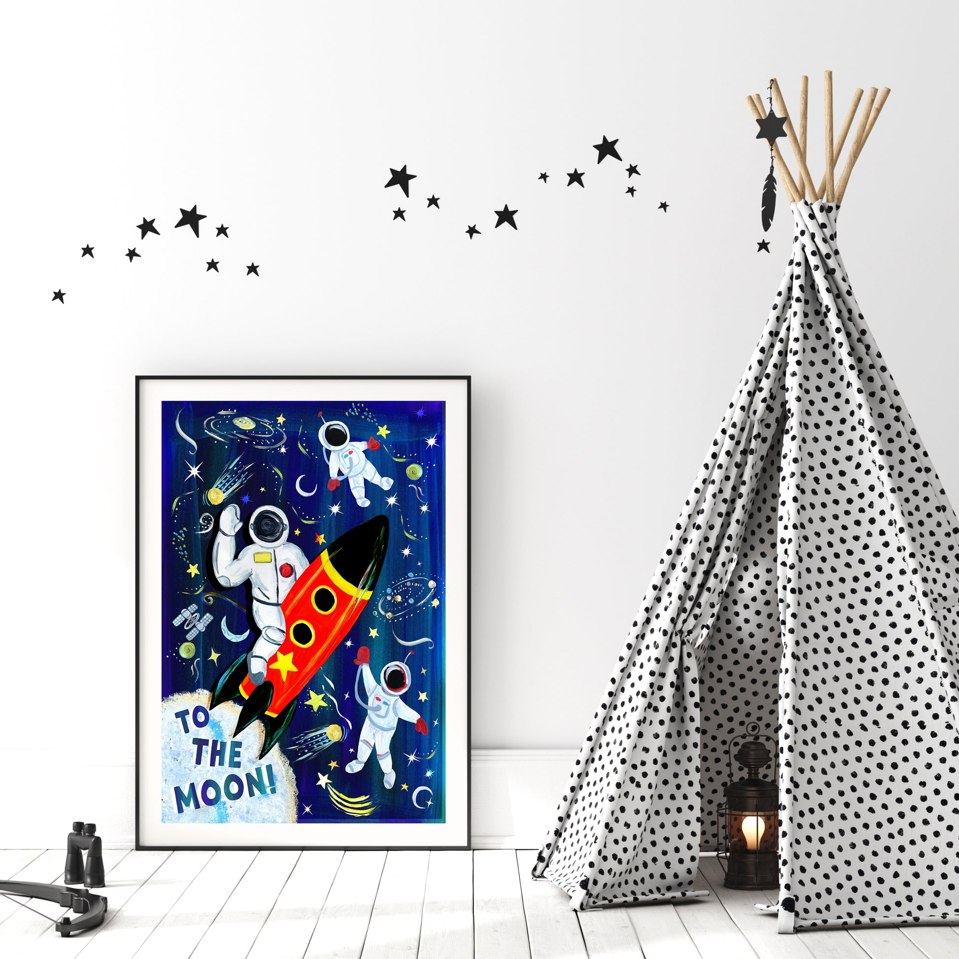 Children's room with space-themed poster, teepee, and star decorations.