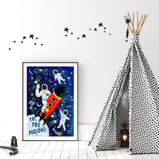 Children's room with space-themed poster, teepee, and star decorations.