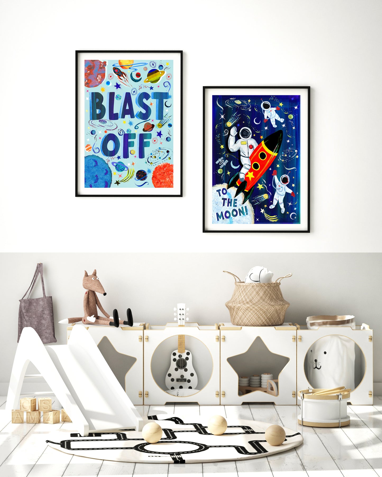 Children's room with space-themed wall art and toys.