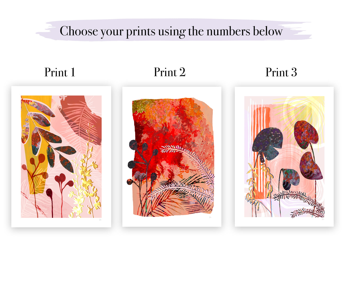 Three abstract art prints with different color schemes on a white background.