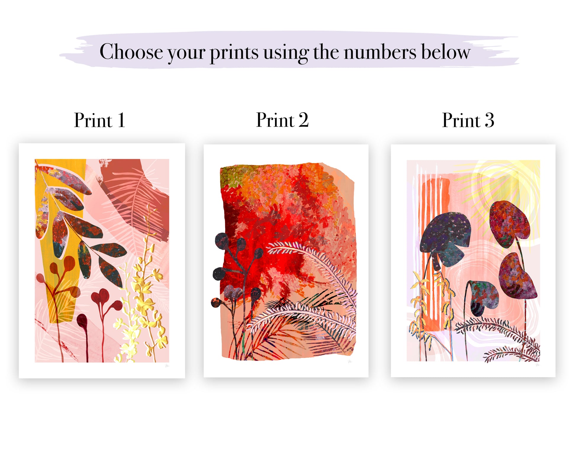 Three abstract art prints with different color schemes on a white background.