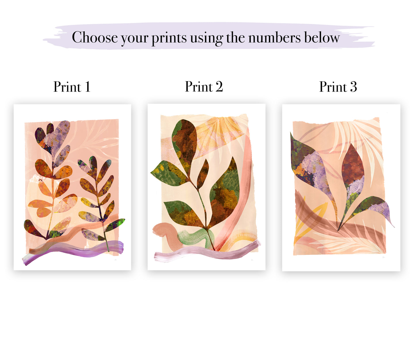 Three floral prints labeled Print 1, Print 2, and Print 3 on a white background.