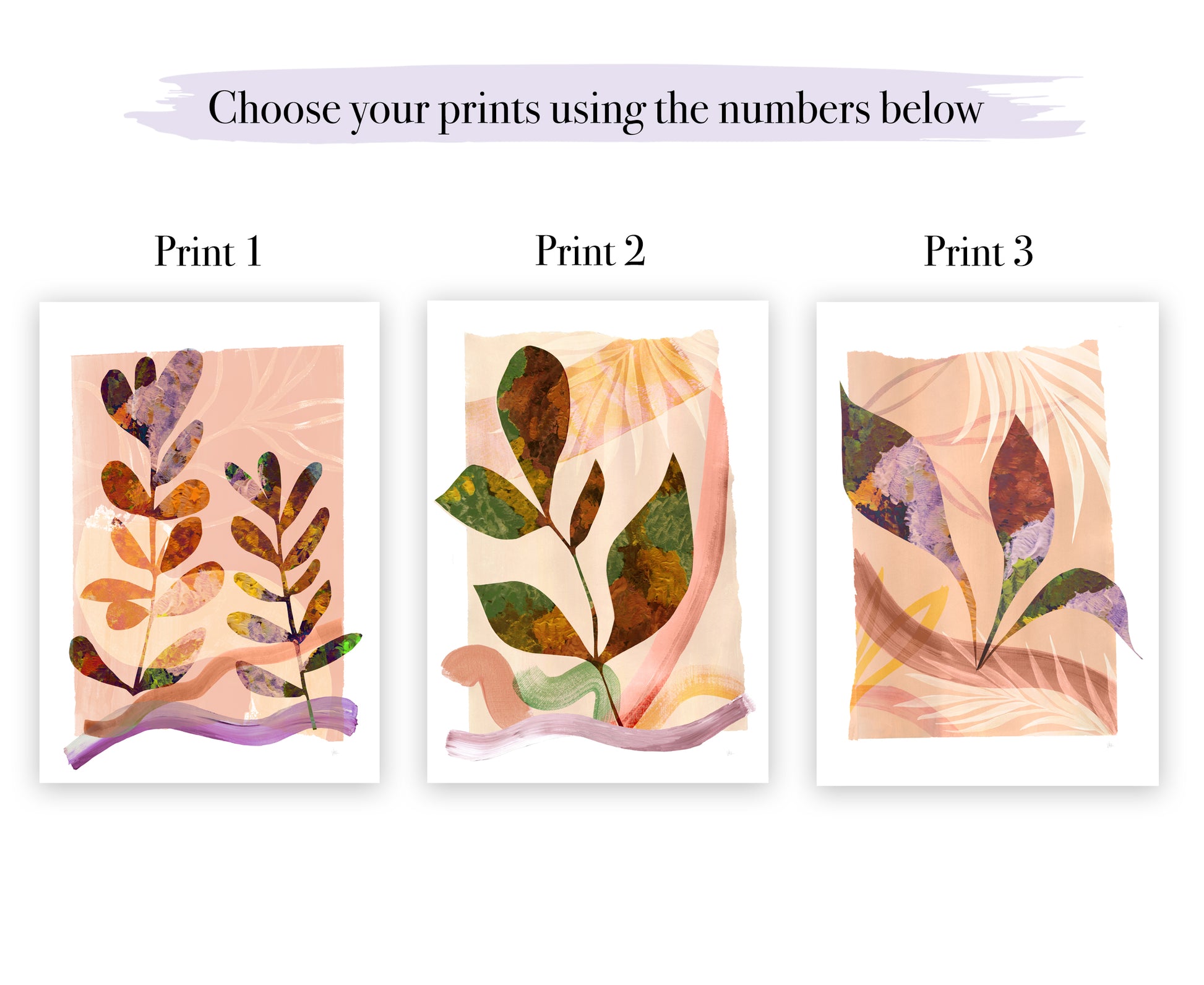 Three floral prints labeled Print 1, Print 2, and Print 3 on a white background.