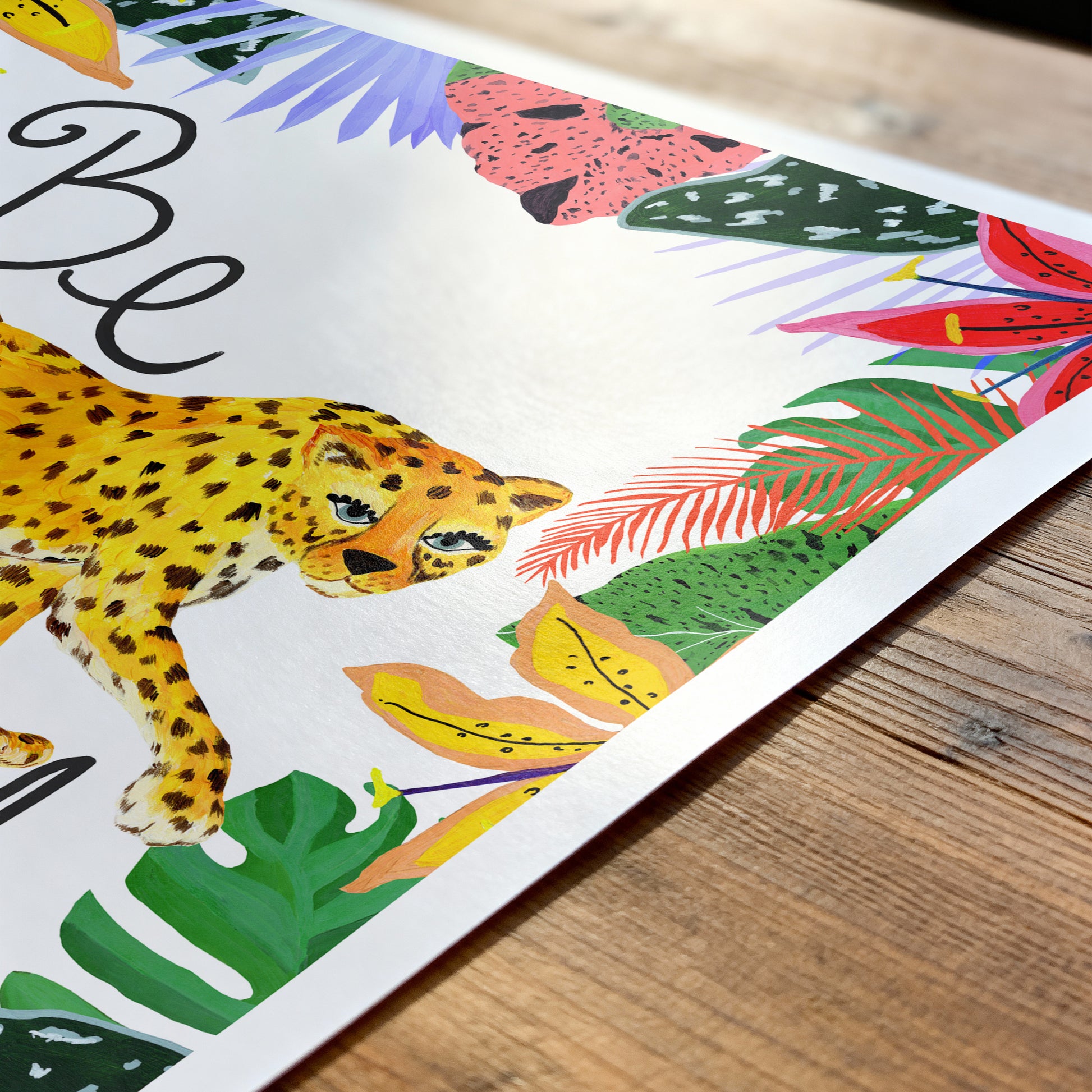 Colorful illustration of a leopard and tropical plants on a wooden surface