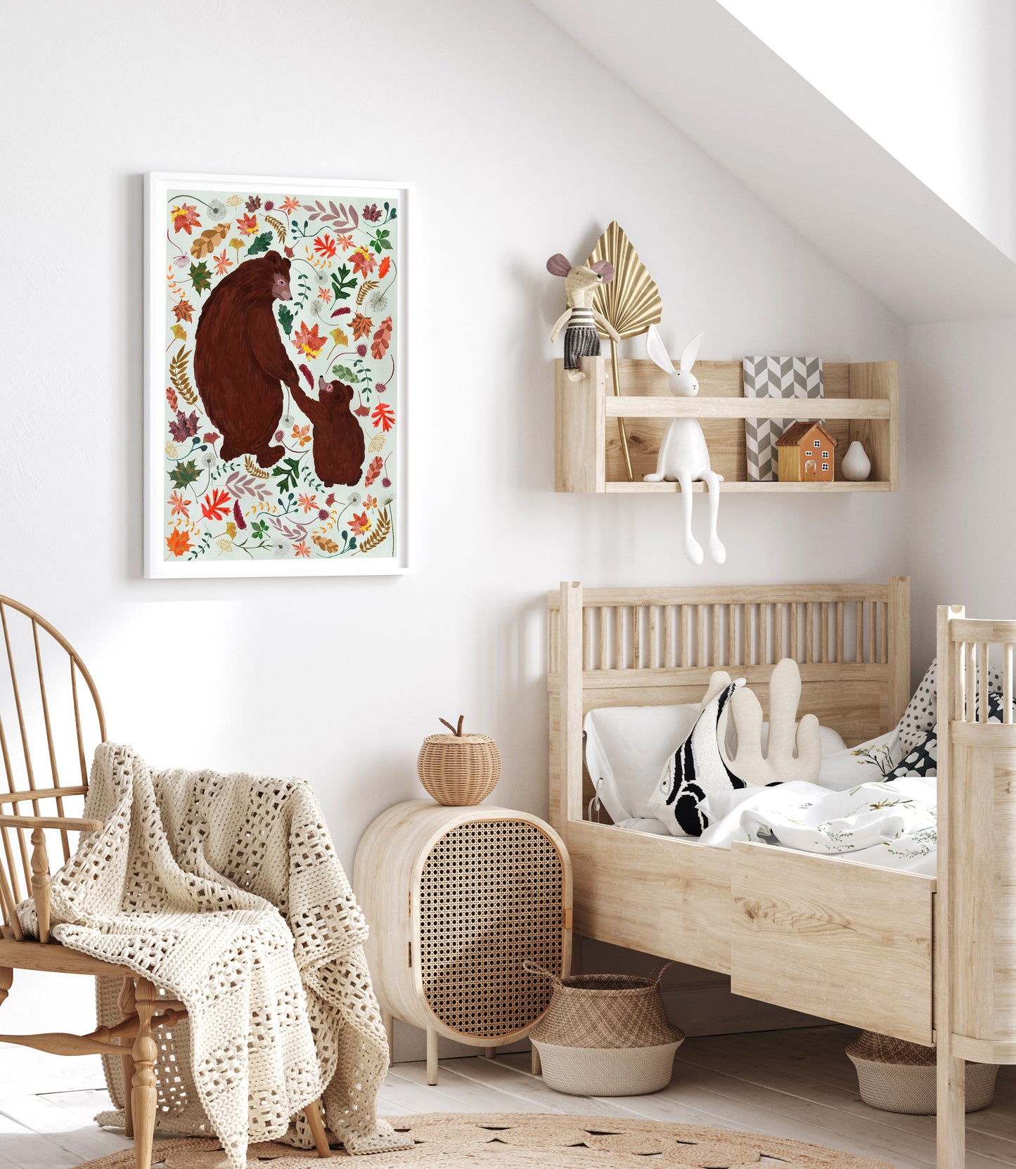 Children's room with wooden furniture, a bed, and decorative items.
