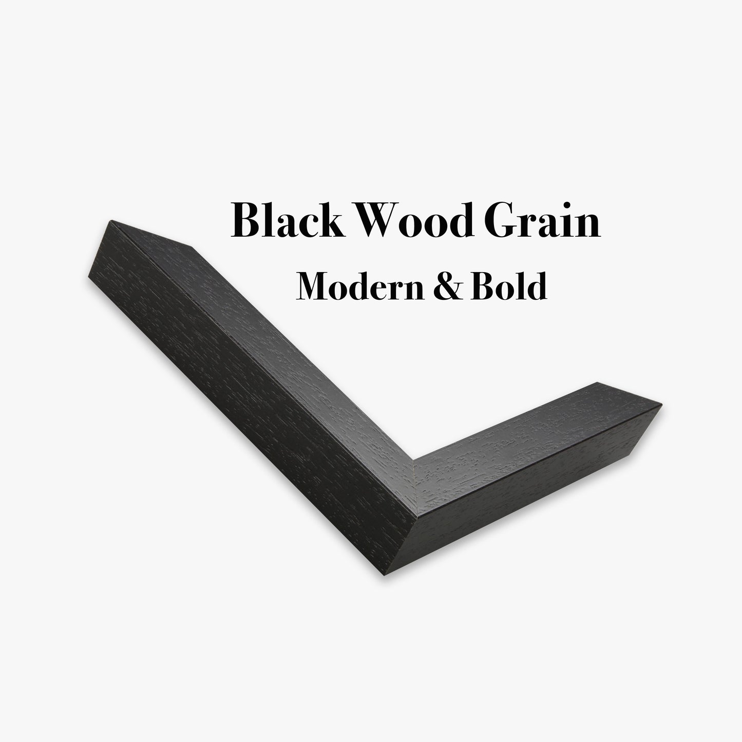 Black wood grain frame corner on a white background with text 'Black Wood Grain Modern & Bold'.