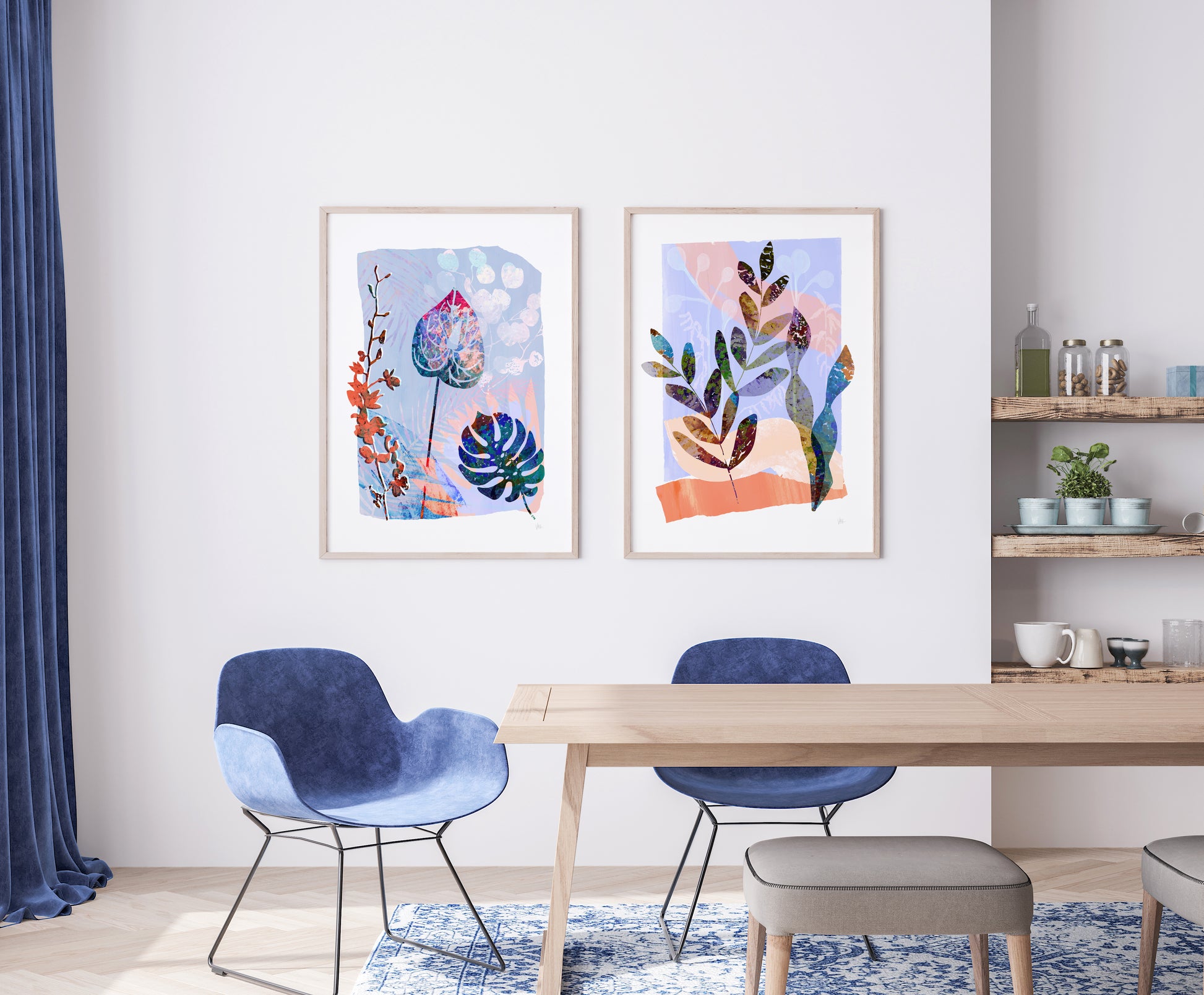 Dining room with a table, chairs, and abstract art on the wall.