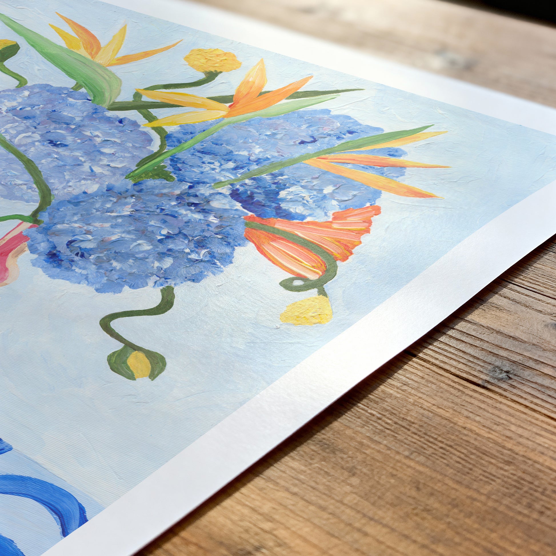 Colorful floral painting on a wooden surface