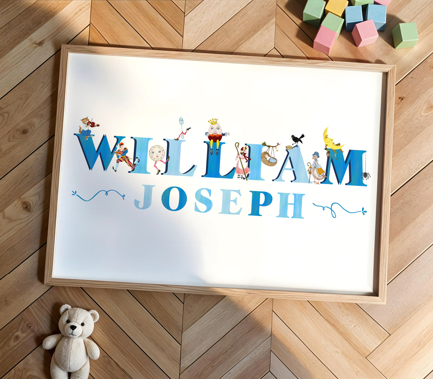 Framed artwork with 'WILLIAM JOSEPH' displayed on a wooden floor with toys around
