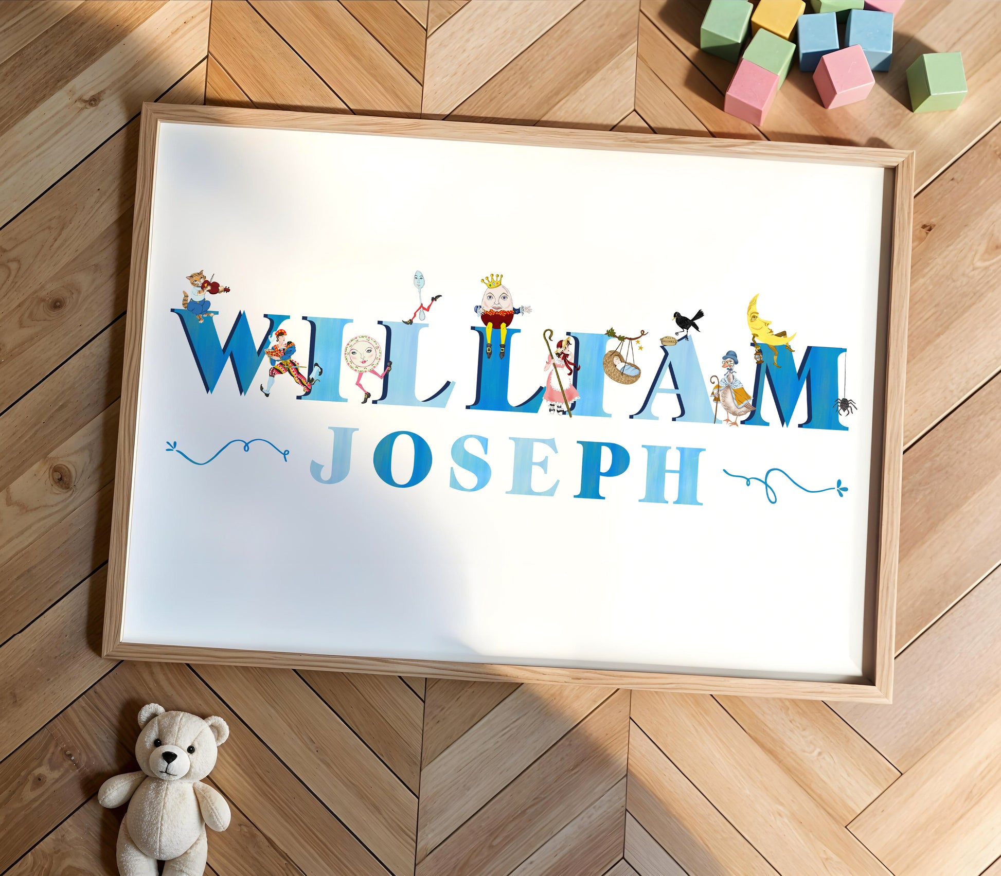 Framed artwork with 'WILLIAM JOSEPH' displayed on a wooden floor with toys around