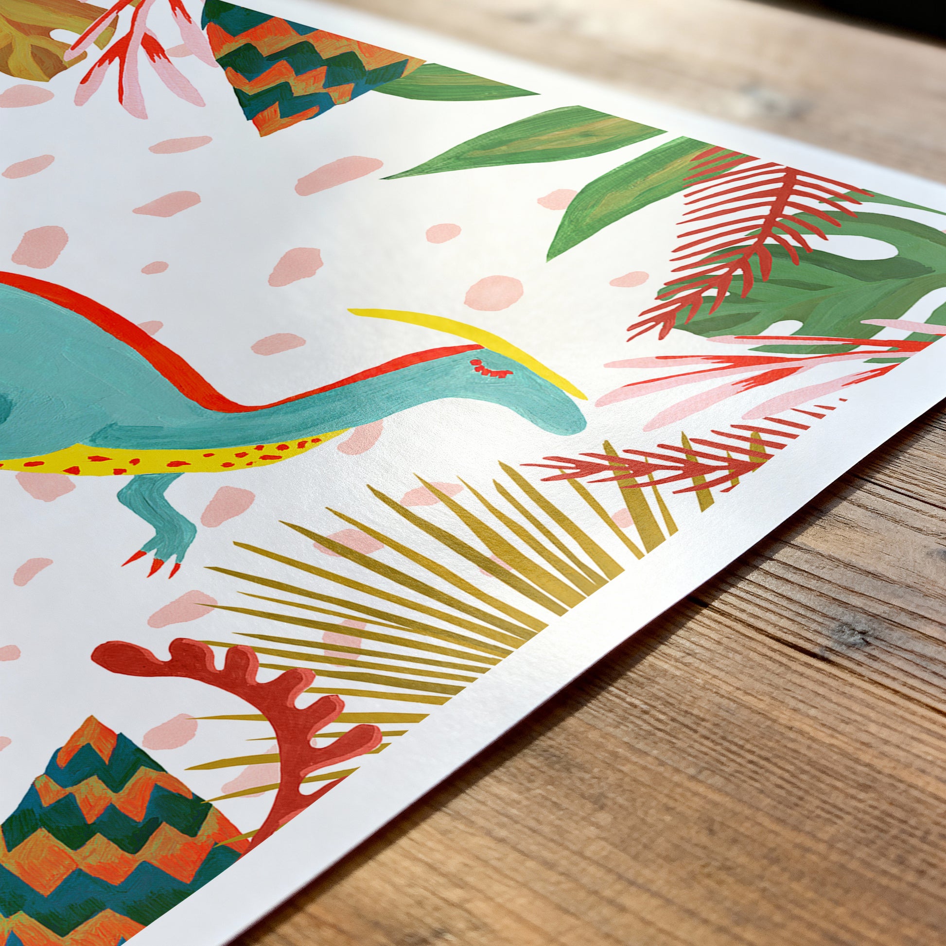 Colorful dinosaur illustration on a white background with green leaves and red coral.