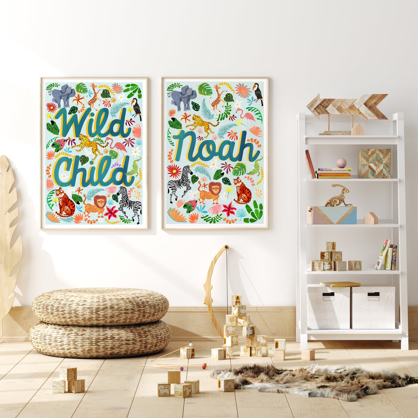 Children's room with 'Wild Child' and 'Noah' wall art, toys, and a bookshelf.