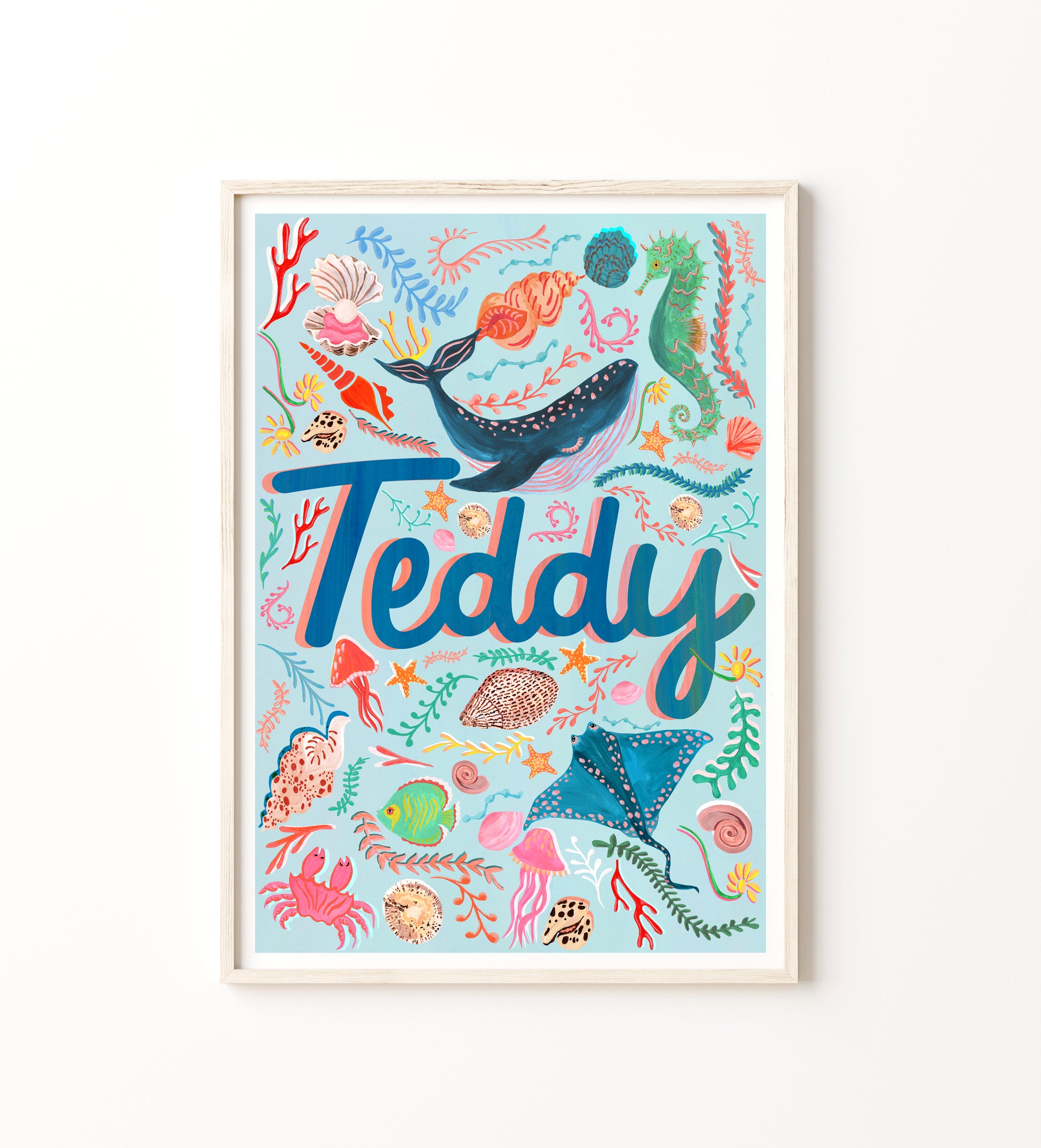 Colorful illustration of marine life with the word 'Teddy' on a white background