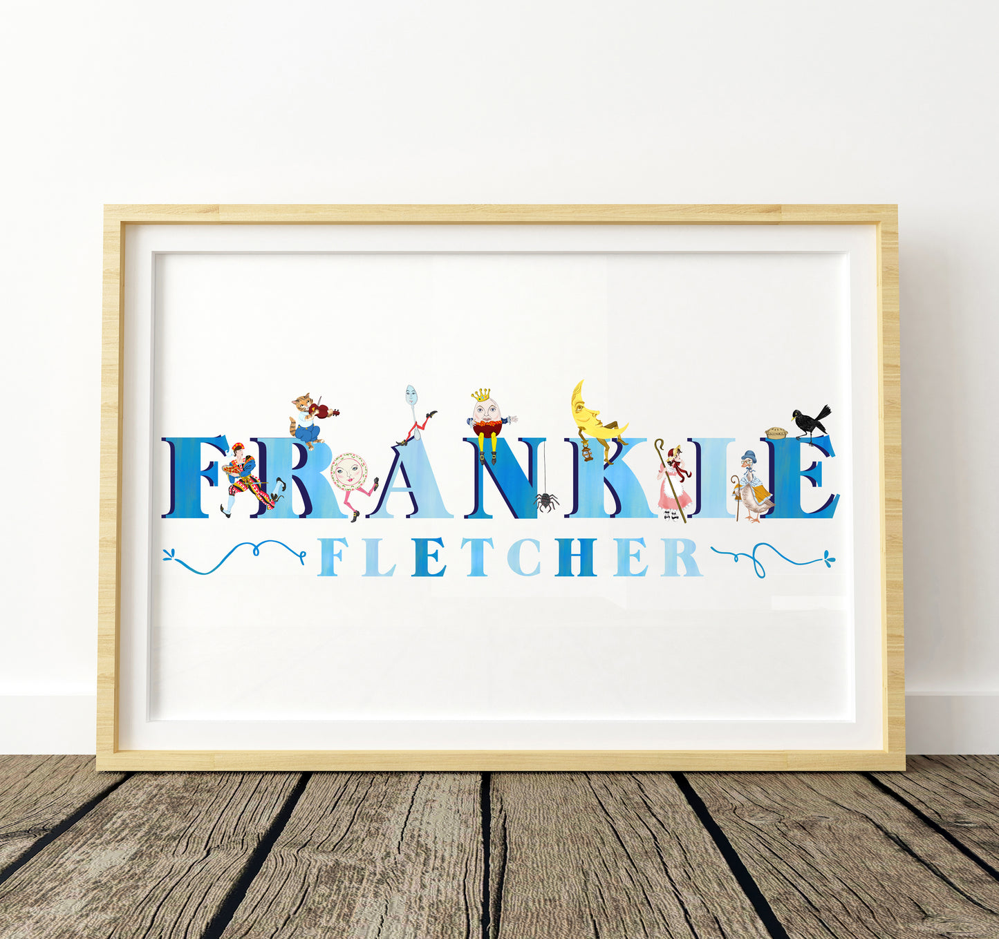 Framed artwork with colorful nursery rhyme characters surround a blue lettered name on a white background