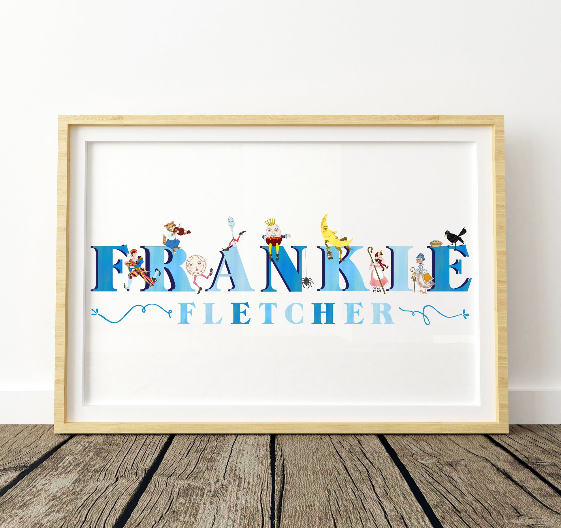 Framed artwork with colorful nursery rhyme characters surround a blue lettered name on a white background