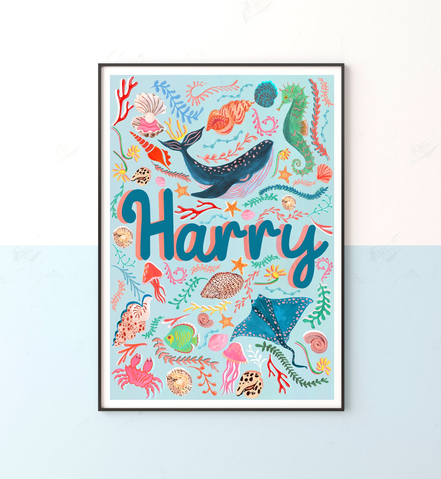Colorful underwater-themed artwork with the name 'Harry' on a light blue background