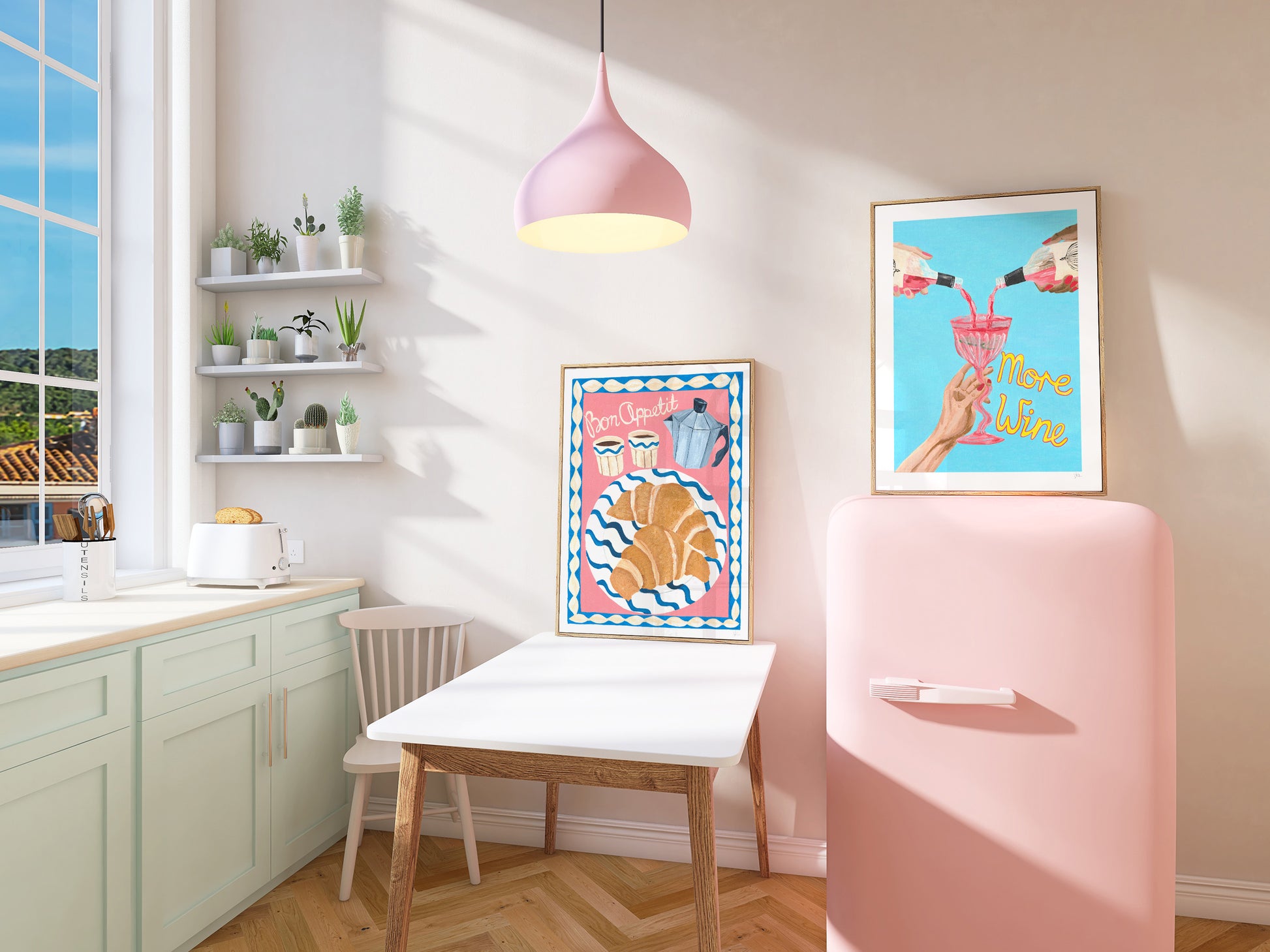 Modern kitchen with white countertops, wooden chairs, and colorful kitchen themed wall art.
