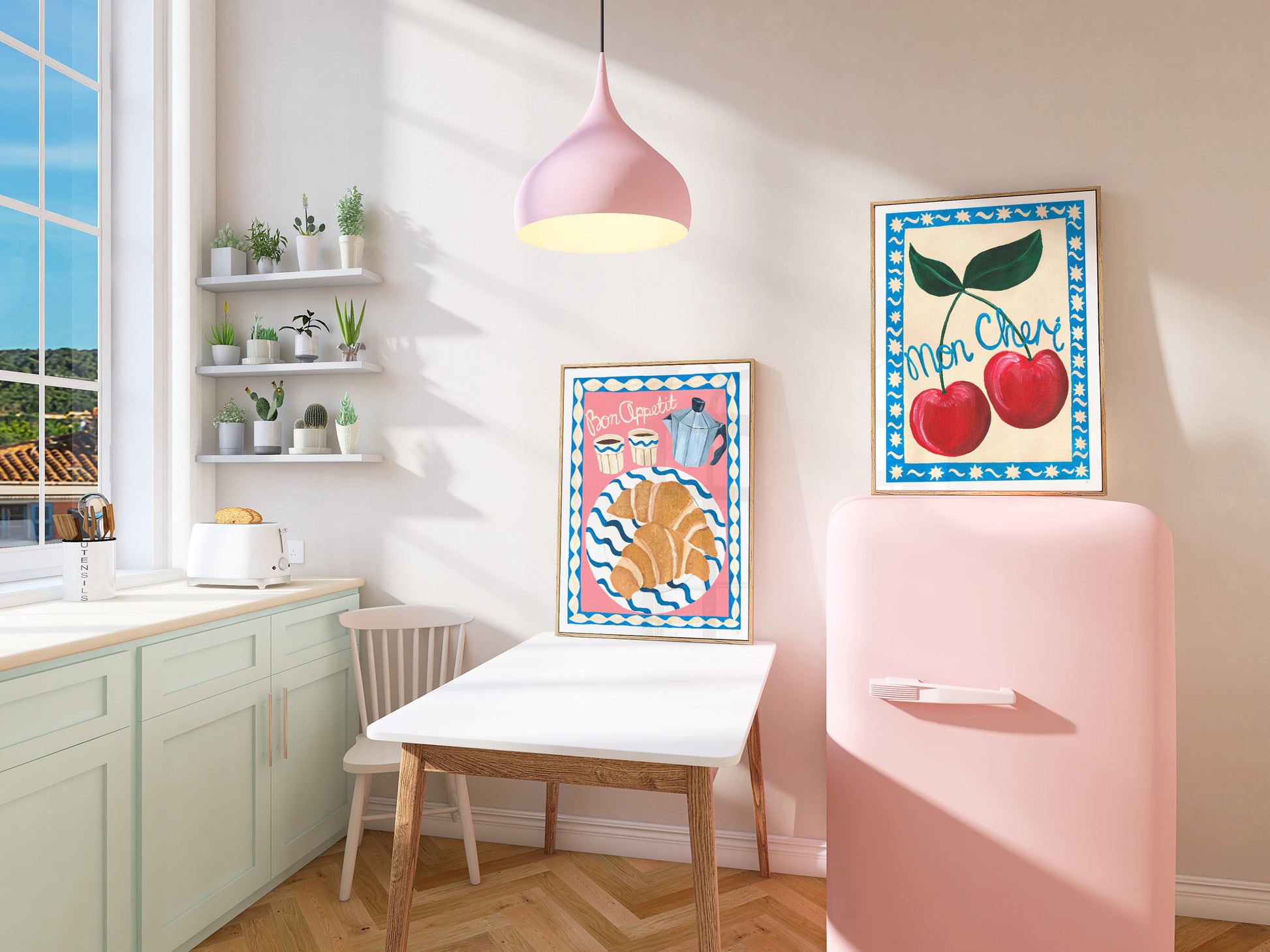 Modern kitchen with white countertops, wooden chairs, and colorful wall art.