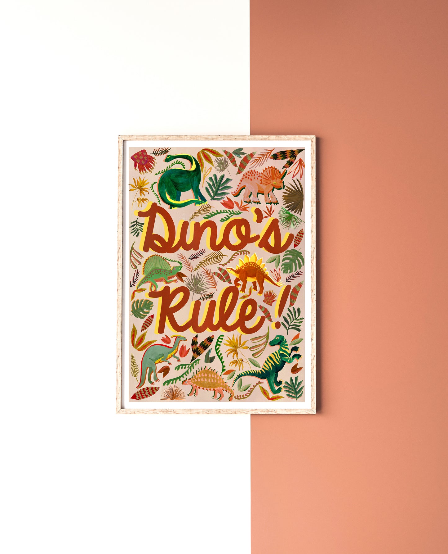 Brown Dino'sRule Dionsaur Print with hand painted dinosaur illustrations on a brown and white vertical colourblock wall