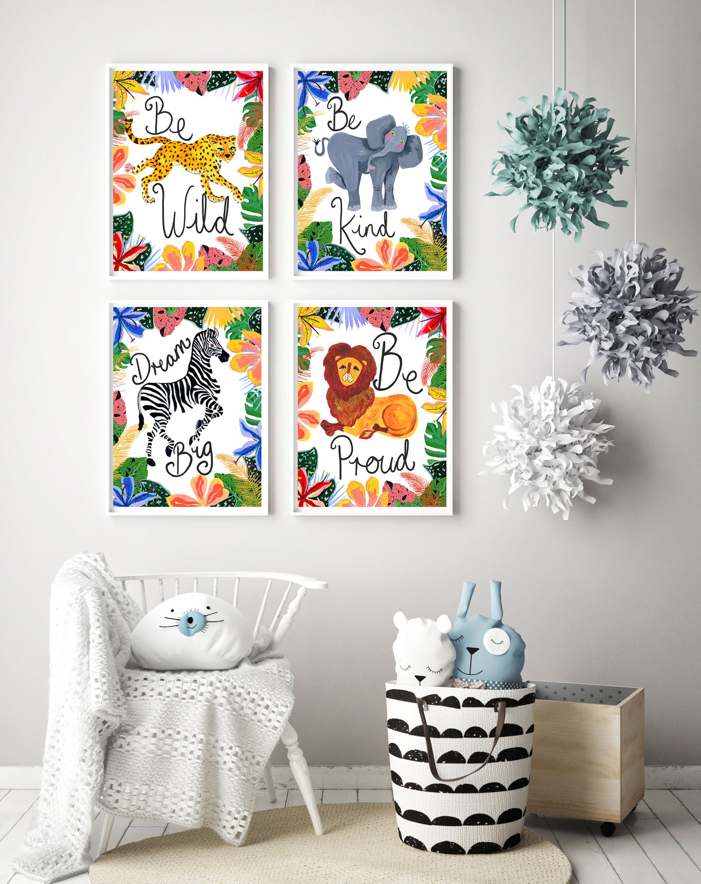 Children's room with colorful animal-themed wall art and decorative items.
