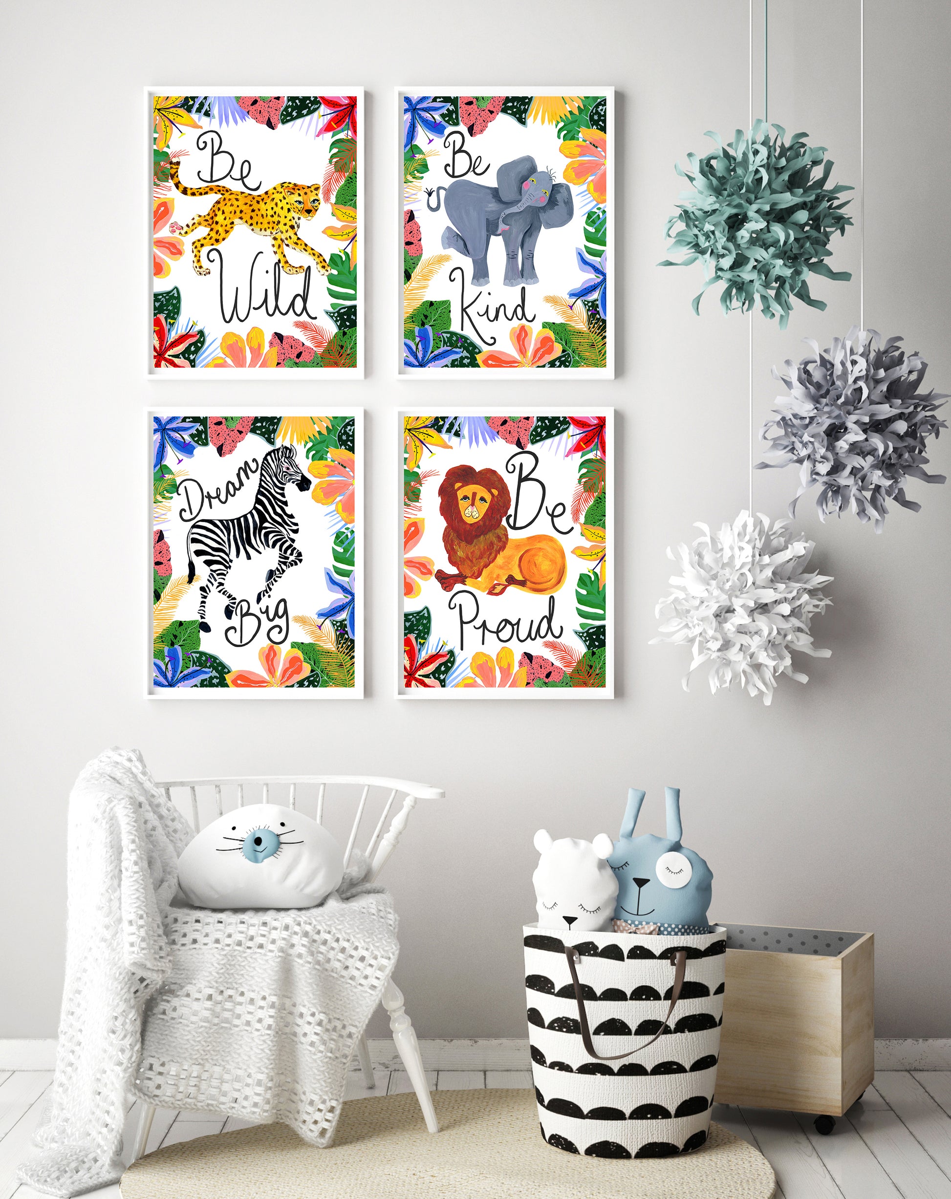 Children's room with colorful animal-themed wall art and decorative items.