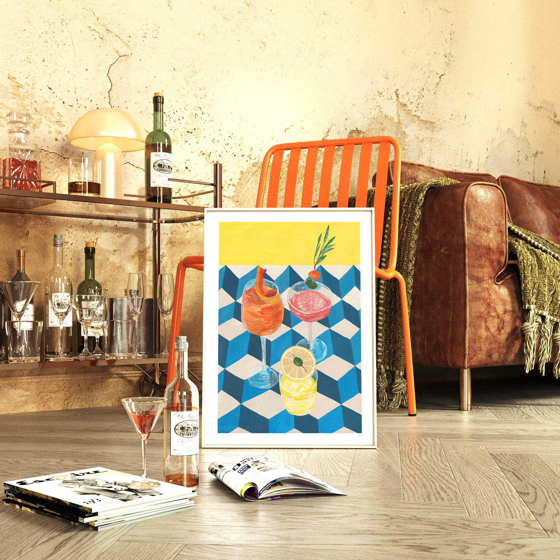 Framed cocktail artwork on a wooden floor with a modern interior setting.