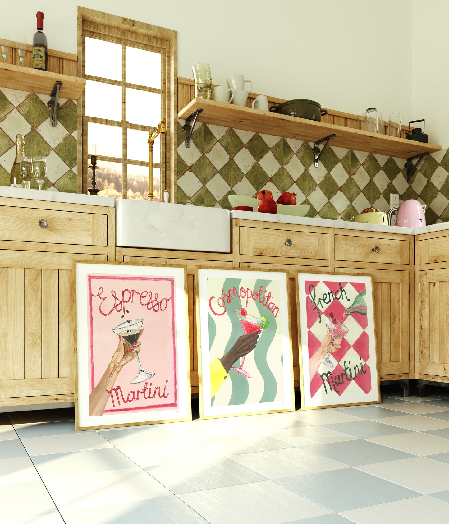 Kitchen with wooden cabinets, checkered floor, and decorative cocktail posters on the floor.